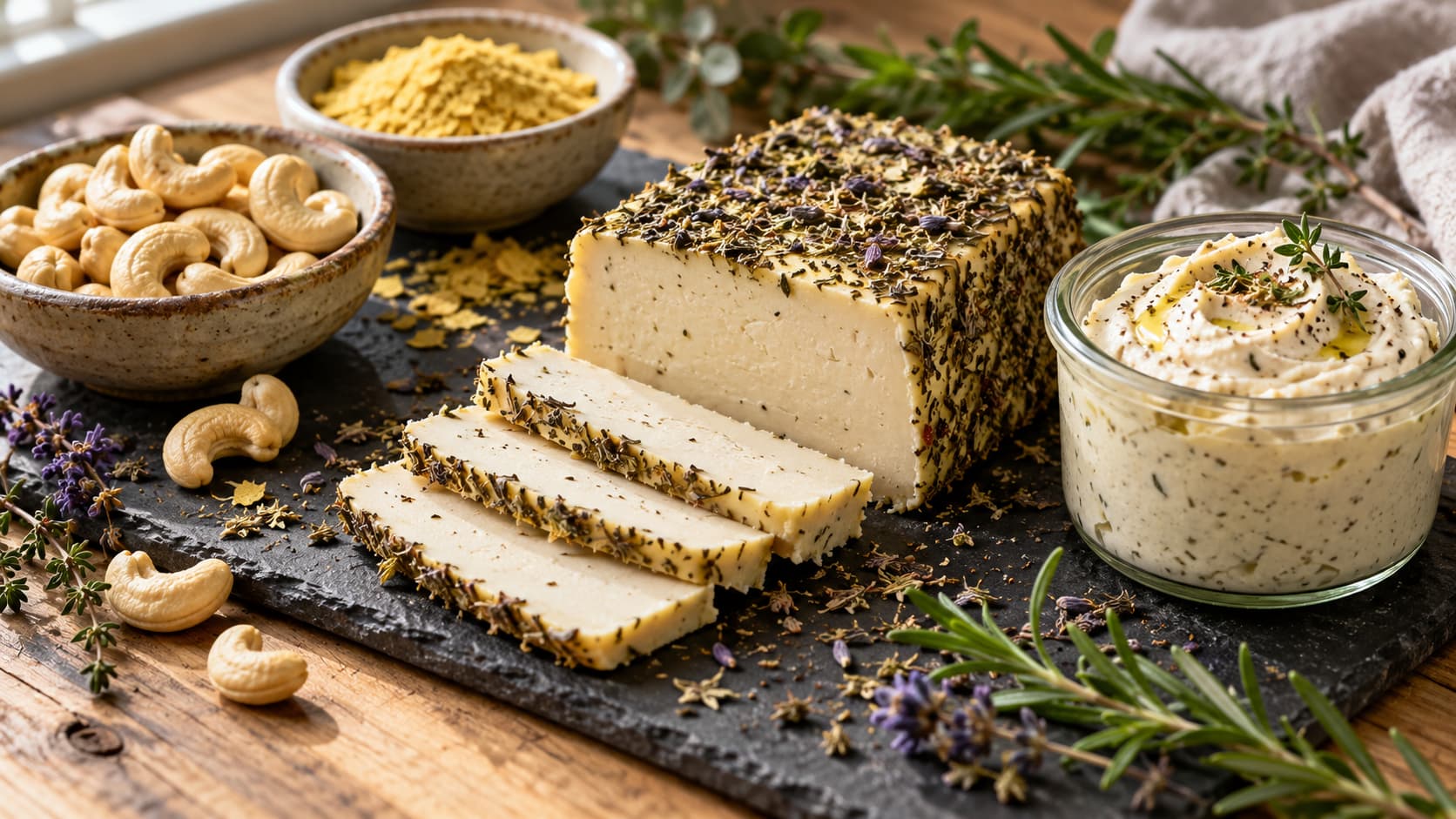 Aufgeschnittener veganer Käseblock mit Kräutern und Cashewkernen auf Holzbrett